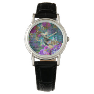 Antike illustrierte Pfau & Blumen Grunge Armbanduhr