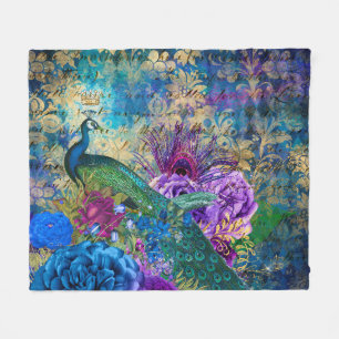 Antike illustrierte Pfau & Blumen Grunge Fleecedecke