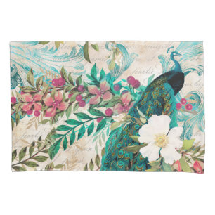 Antike illustrierte Pfau & Blumen Grunge Kissenbezug