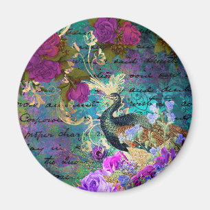 Antike illustrierte Pfau & Blumen Grunge Magnet