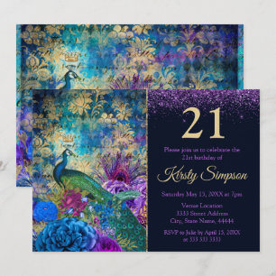 Antike illustrierte Pfau- und Blumen-Geburtstagsgr Einladung