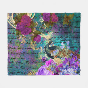 Antike illustrierte Pfau- und Blumen-Grunge Fleecedecke
