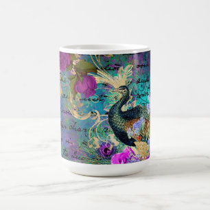 Antike illustrierte Pfau- und Blumen-Grunge Kaffeetasse