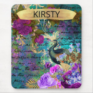 Antike illustrierte Pfau- und Blumen-Grunge Mousepad