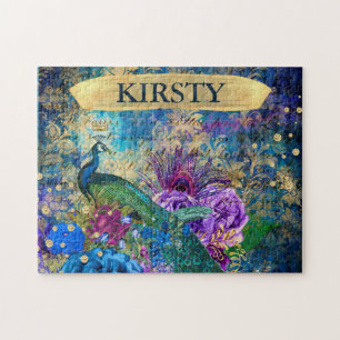 Antike illustrierte Pfau- und Blumen-Grunge Puzzle