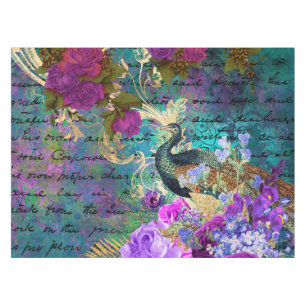 Antike illustrierte Pfau- und Blumen-Grunge Tischdecke