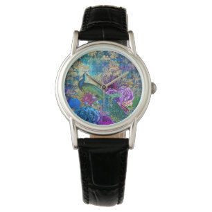 Antike illustrierte Pfau- und Blumen-Grunge-Uhr Armbanduhr