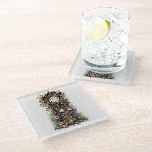 Antike Ivy Rose Standuhr Glasuntersetzer (Schrägansicht)
