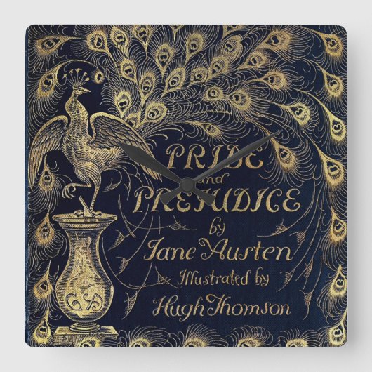 Antike Jane Austen Pride and Prejudice Peacock Quadratische Wanduhr (Vorderseite)