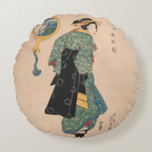 Antike japanische Kimono-Frau Ukiyo-e-Holzschnitt Rundes Kissen