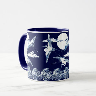 Antike japanische Kraniche über dem Mond aus der v Tasse