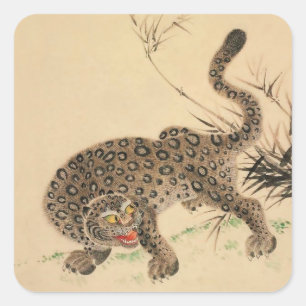 Antike japanische Schriftrolle mit geflecktem Leop Quadratischer Aufkleber