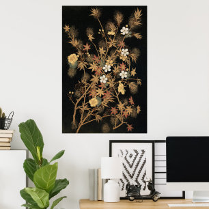 Antike japanische schwarze Gold-Herbst-Blumen-Kuns Poster