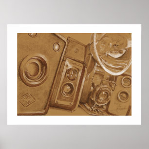 Antike Kameras - Bleistiftzeichnung im Sepia-Ton Poster