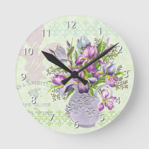 Antike kaputte lila Blumen skurrile Grün Runde Wanduhr