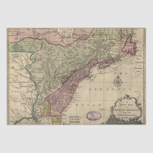 Antike Karte 1763 Nordamerika, restauriert Decoupa Seidenpapier (Vorderseite)