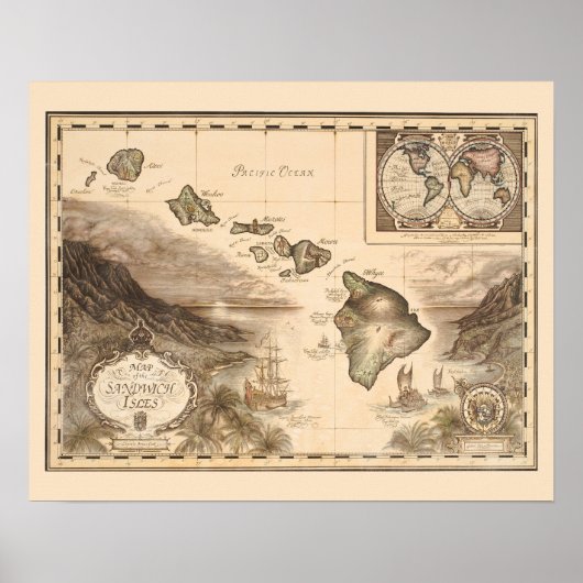 Antike Karte der Sandwich-Inseln, Hawaii 1700 Poster (Vorne)