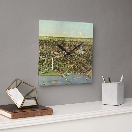 Antike Karte mit Panoramablick auf Washington DC Quadratische Wanduhr (Büro)