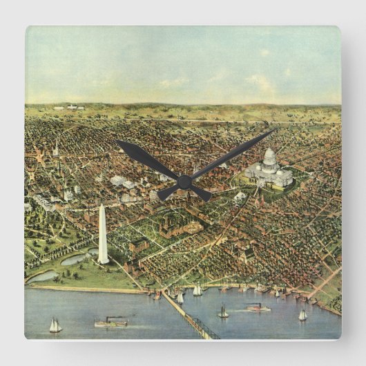Antike Karte mit Panoramablick auf Washington DC Quadratische Wanduhr (Vorderseite)