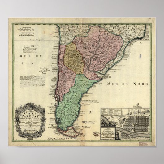 Antike Karte von Chile & Paraguay 1733 Poster (Vorne)