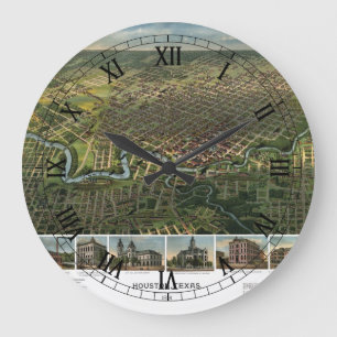 Antike Karte von Houston, Texas mit Buffalo River Große Wanduhr