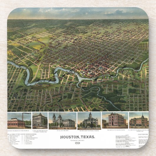 Antike Karte von Houston, Texas mit Fluss Buffalo Getränkeuntersetzer (Vorderseite)