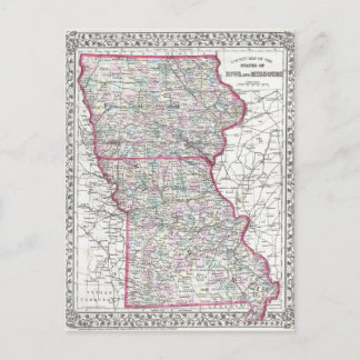 Antike Karte von Iowa & Missouri ca. 1874
