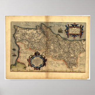 Antike Karte von Portugal ORTELIUS ATLAS 1570 A.D. Poster