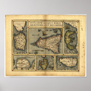 Antike Karte von Sizilien ORTELIUS ATLAS 1570 A.D. Poster