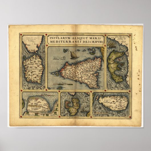 Antike Karte von Sizilien ORTELIUS ATLAS 1570 A.D. Poster (Vorne)