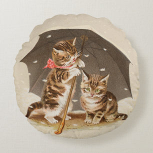 Antike Kätzchen unter einem Regenschirm, Vintage-K Rundes Kissen