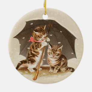 Antike Kätzchen unter einem Regenschirm - Vintage- Keramik Ornament