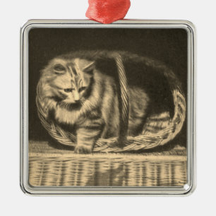 Antike Katze in einem Korb Ornament Aus Metall