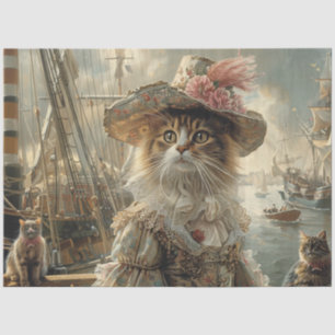 Antike Katze in Spitze auf Schiff Decoupage Seidenpapier