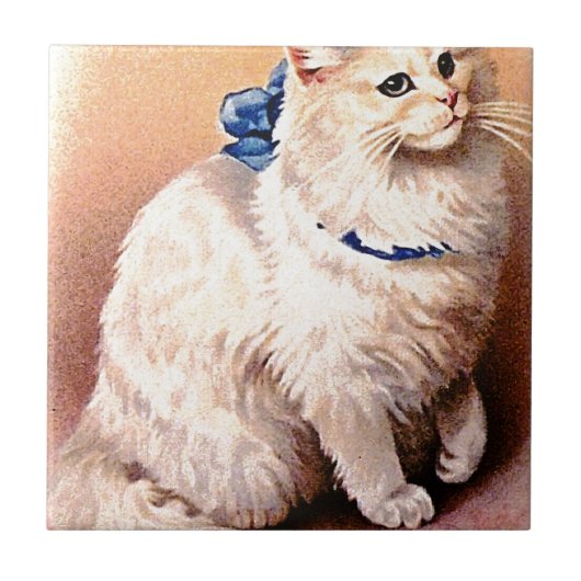 Antike Katze mit blauem Schleif Fliese (Vorderseite)