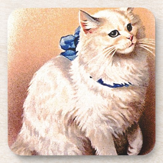 Antike Katze mit blauem Schleif Untersetzer (Vorderseite)