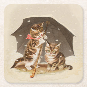 Antike Katzen unter einem Regenschirm Vintage-Katz Rechteckiger Pappuntersetzer