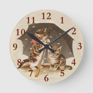 Antike Katzen unter einem Regenschirm Vintage-Katz Runde Wanduhr