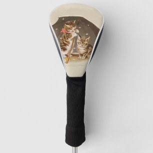 Antike Katzenkunst mit Vintage-Kätzchen unter eine Golf Headcover