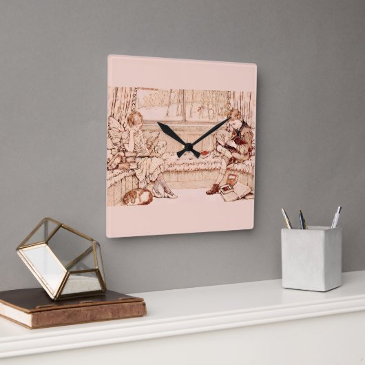Antike Kinder beim gemütlichen Lesen Illustration Quadratische Wanduhr (Büro)