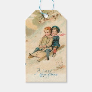 Antike Kinder beim Schlittenfahren im Schnee Geschenkanhänger