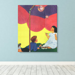 Antike Kinder blasen Seifenblasen unter einem Rege Leinwanddruck