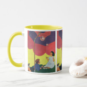 Antike Kinder blasen Seifenblasen unter einem Rege Tasse