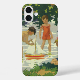 Antike Kinder, die Spielzeugsegelboote auf einem S iPhone 16 Plus Hülle
