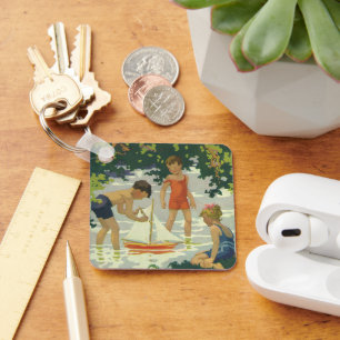 Antike Kinder, die Spielzeugsegelboote auf einem S Schlüsselanhänger