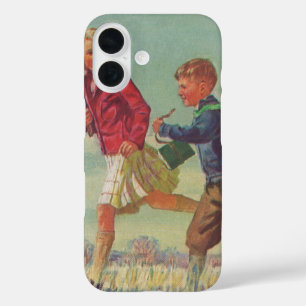 Antike Kinder, die zur Schule laufen und Bücher tr iPhone 16 Hülle