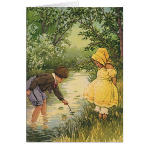Antike Kinder, Junge und Mädchen spielen am Bach
