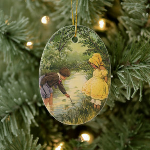 Antike Kinder, Junge und Mädchen spielen am Bach Keramikornament