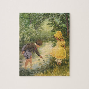 Antike Kinder, Junge und Mädchen spielen am Bach Puzzle