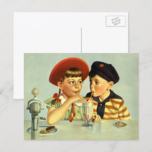 Antike Kinder, Junge und Mädchen teilen sich einen Postkarte